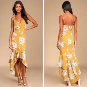 NWT Lulu’s Darling Daylily Mustard Yellow Floral Print High-Low Maxi Dress